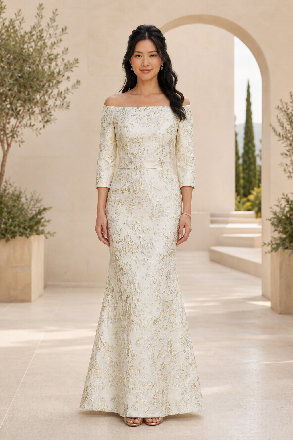 Meerjungfrauenkleid aus metallischem Jacquard mit Carmen-Ausschnitt