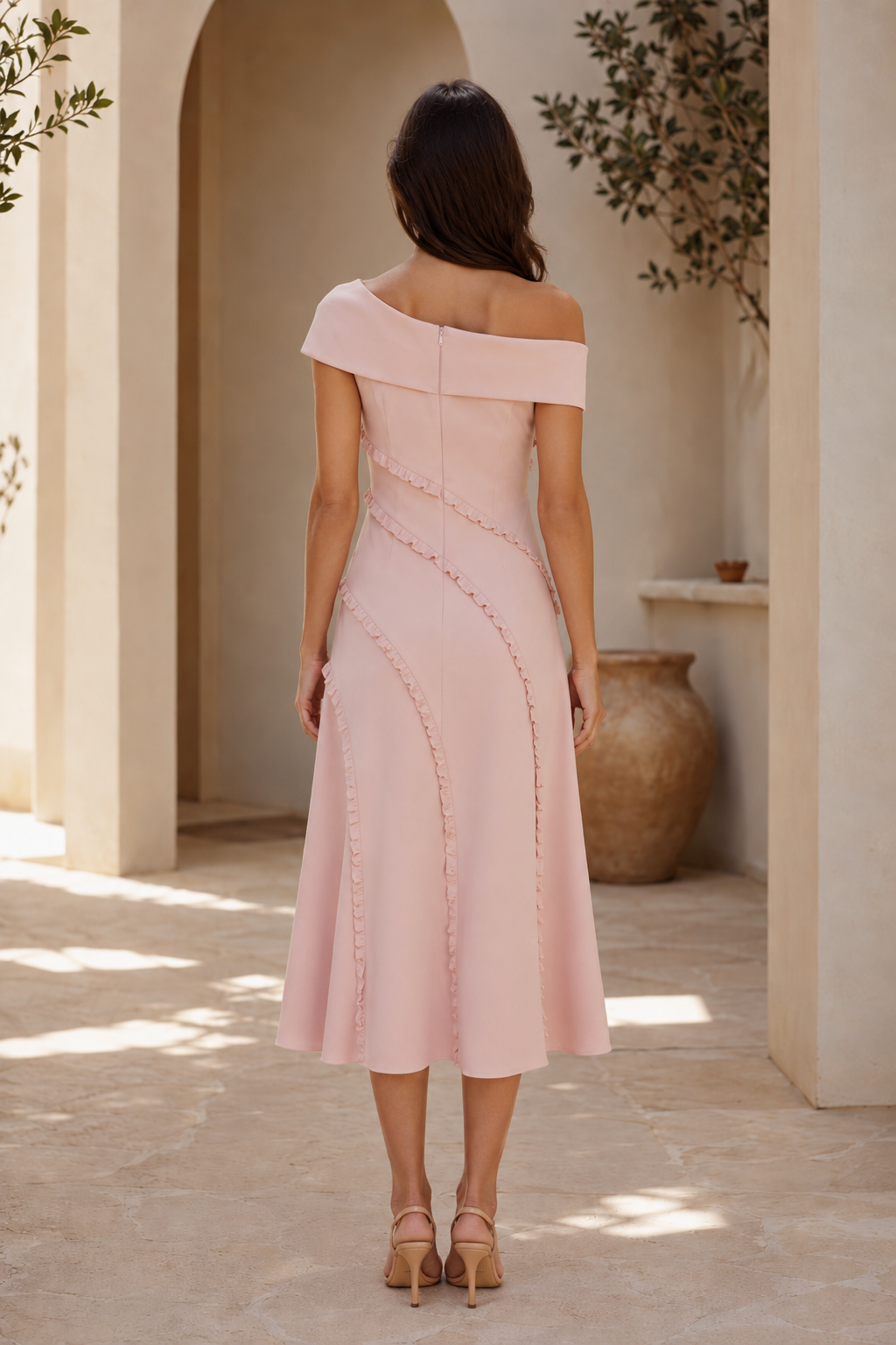 Carmen-Midikleid mit Spiralrüschenbesatz