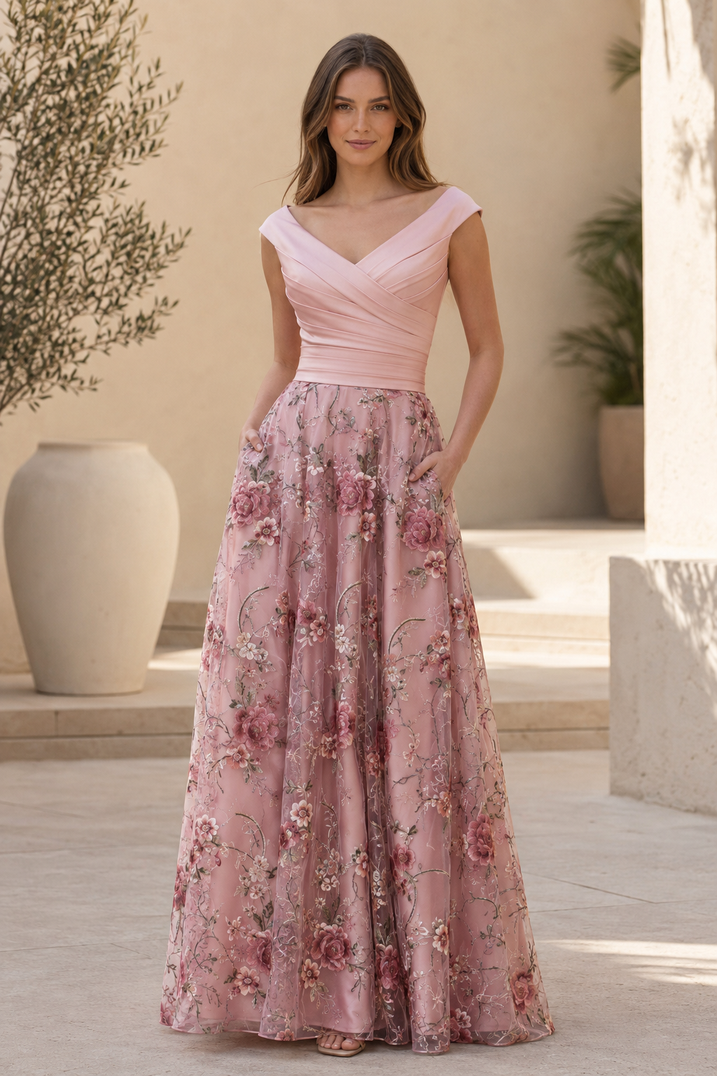 Schulterfreies, geblümtes A-Linien-Abendkleid mit Taschen
