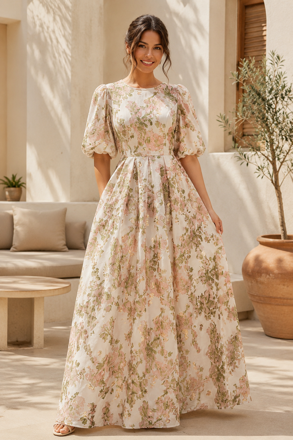 Geblümtes Jacquard A-Linien Maxikleid mit Ellenbogenärmeln