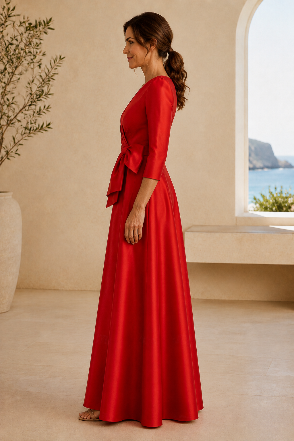 Satin-Abendkleid in A-Linie mit Schleifengürtel