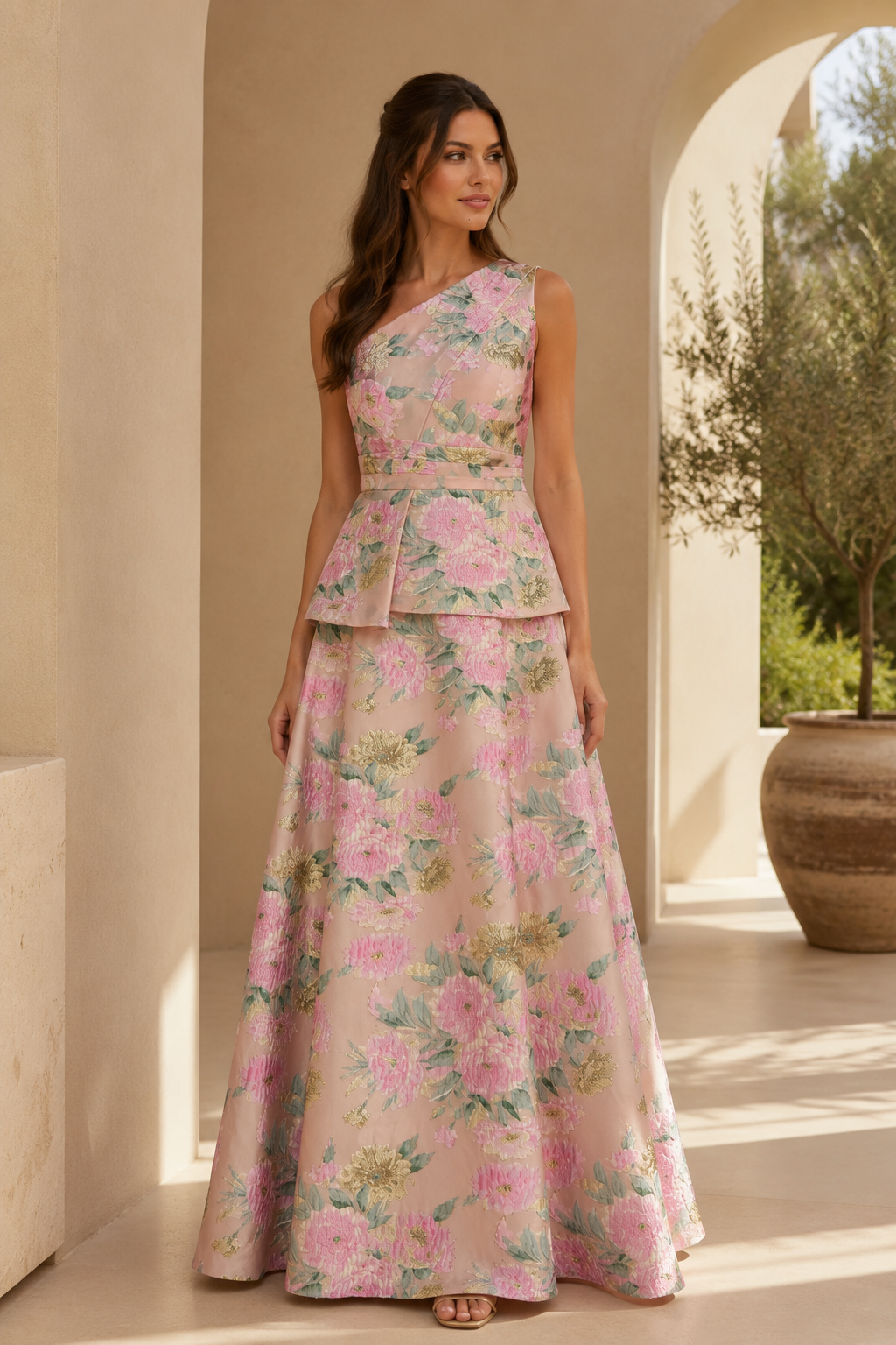 Asymmetrische geblümte Jacquard-Peplum-Robe