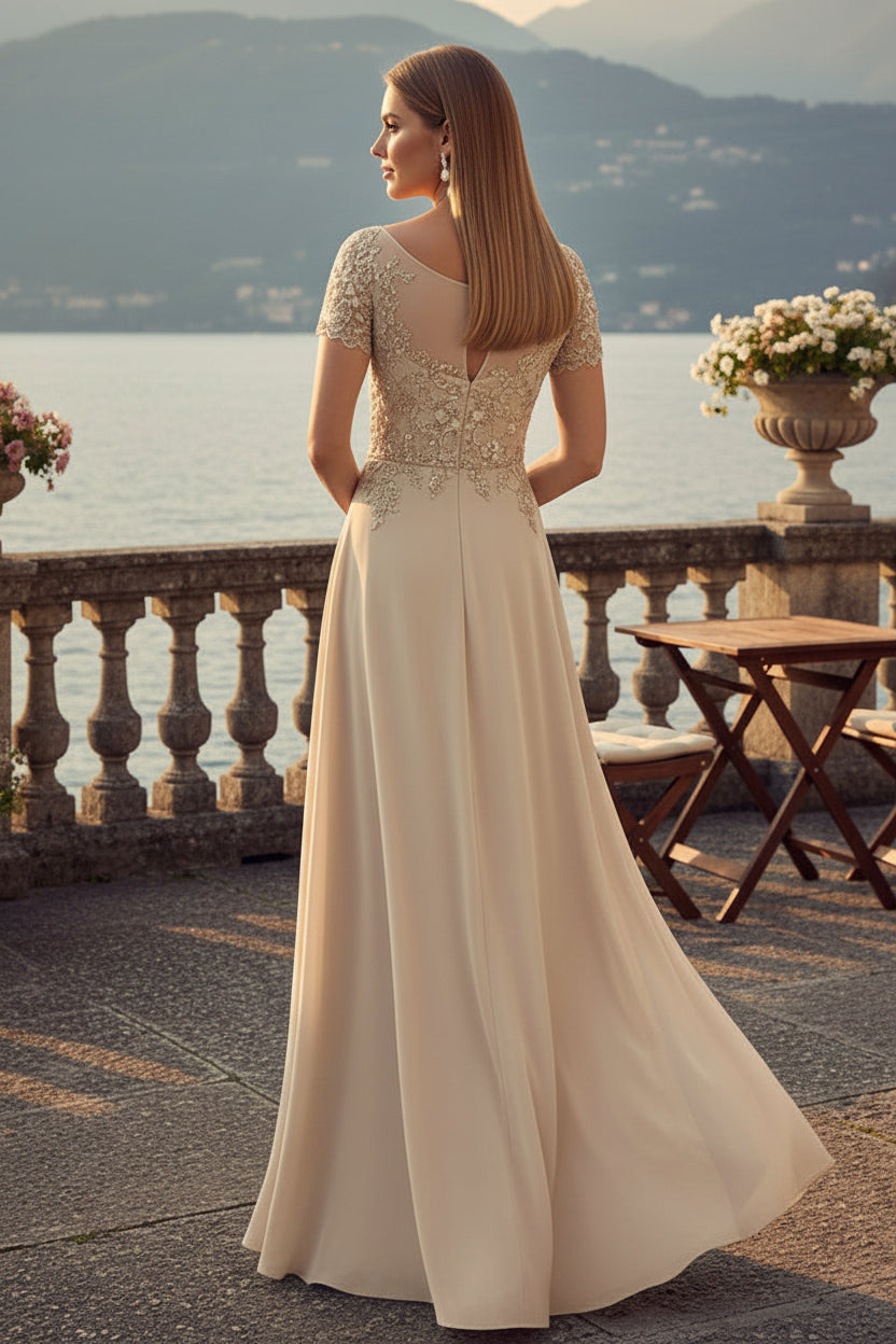 Elegantes A-Linien-Abendkleid mit Spitzendetails und Schlitz