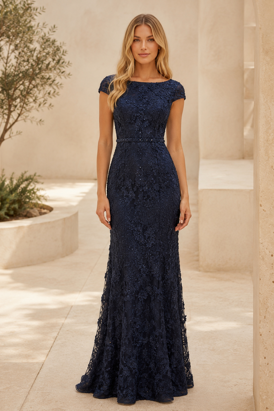 Meerjungfrauen-Abendkleid mit Blumenmuster, Spitze und kurzen Ärmeln