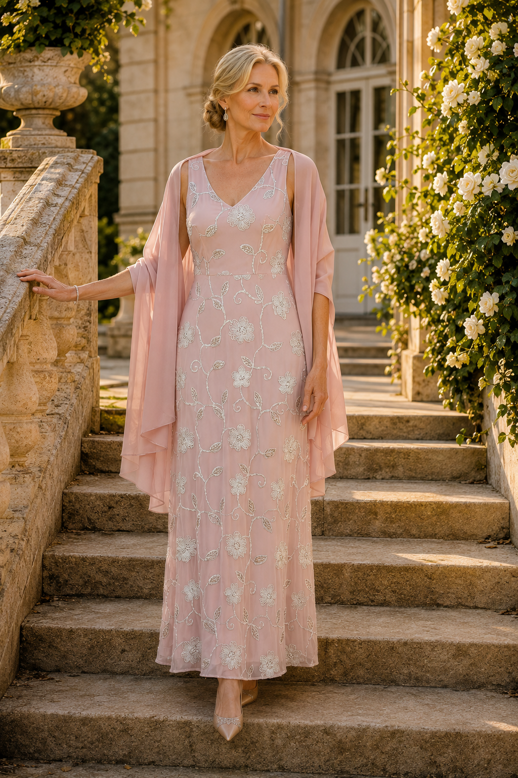 Ärmelloses, perlenbesticktes Maxi-Kleid mit Blumenmuster und Schal
