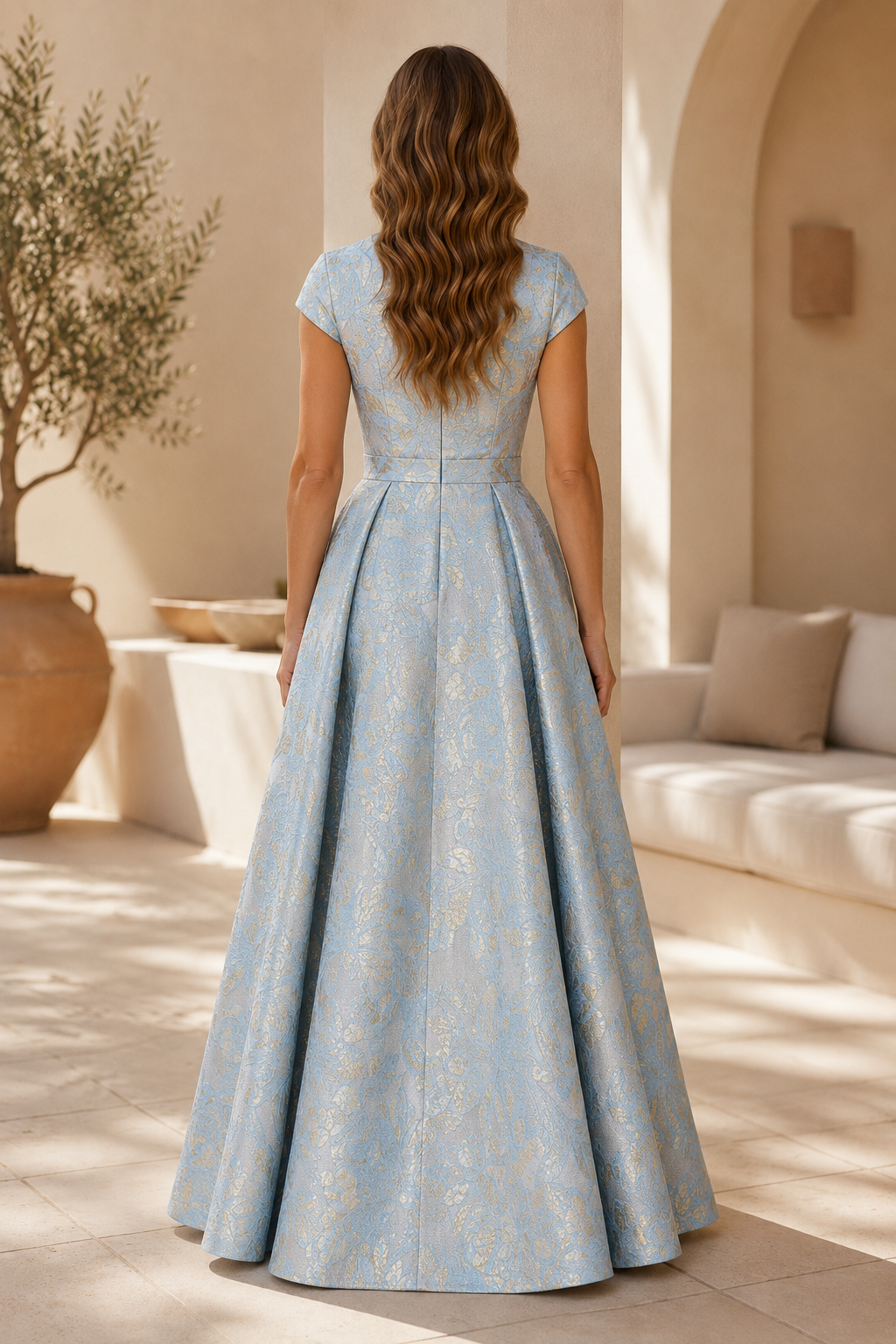 Abendkleid aus Jacquard mit A-Linie und Kappenärmeln