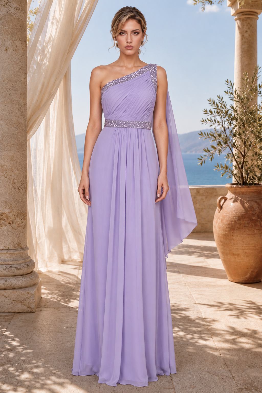 One-Shoulder Plissée-Chiffonkleid mit Schulterdrapierung
