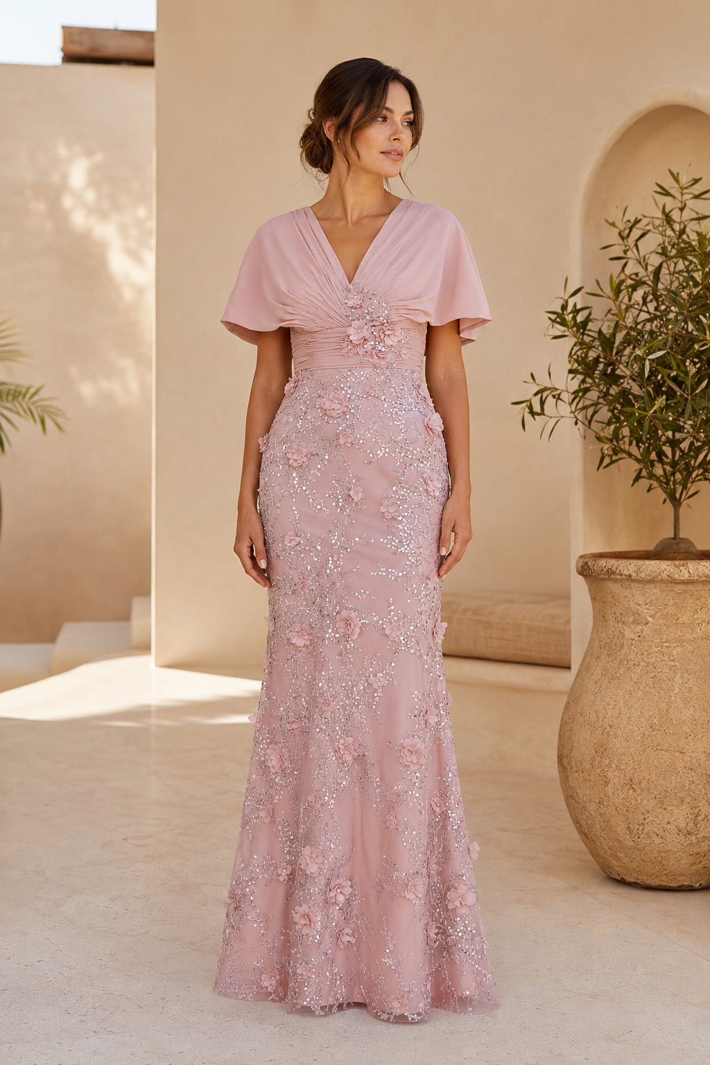 Abendkleid mit 3D-Blumenpailletten und Cape-Ärmeln