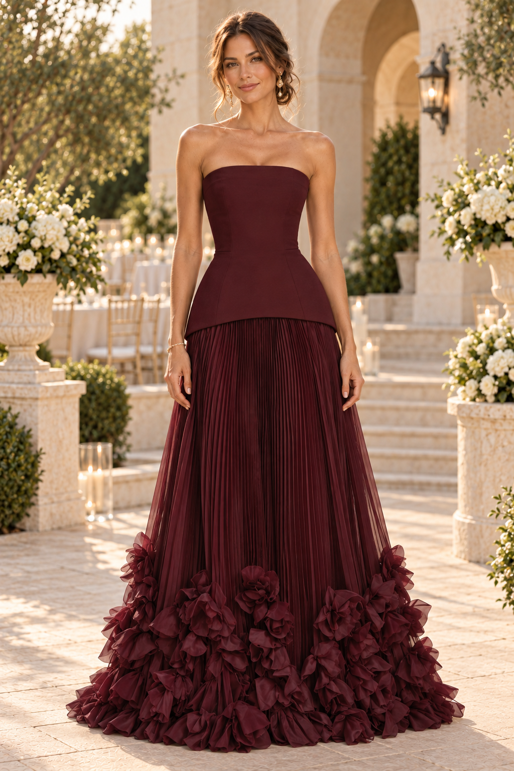 Strapless Corset Gown with Pleated Rosette Skirt