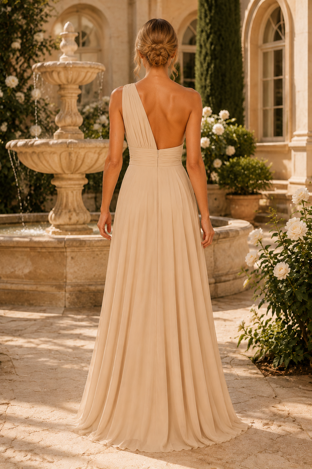 One-Shoulder Plissiertes Chiffon Maxikleid