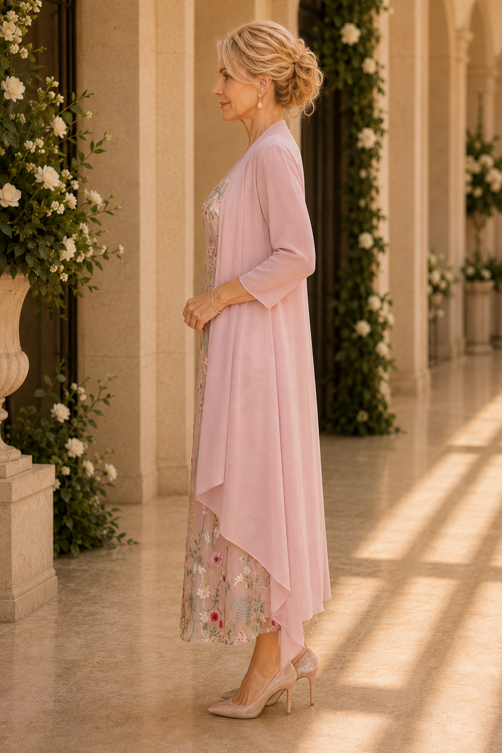 Blumengesticktes Midikleid mit langem Cardigan