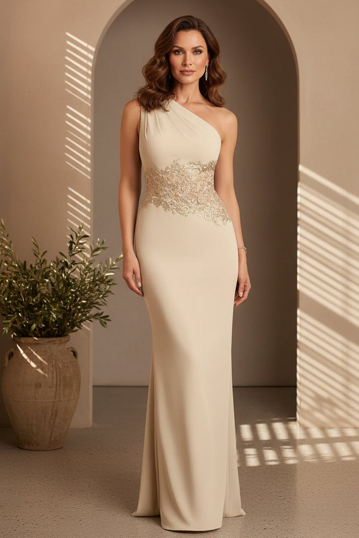 Ein-Schulter-Abendkleid aus Crêpe mit Taillenbesatz aus Spitze