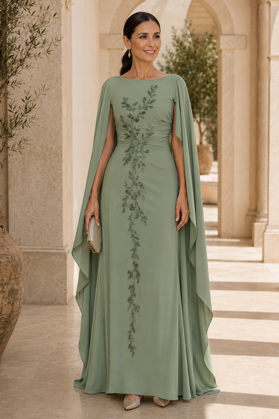 Besticktes Cape-Ärmel-Abendkleid mit Bodenlänge