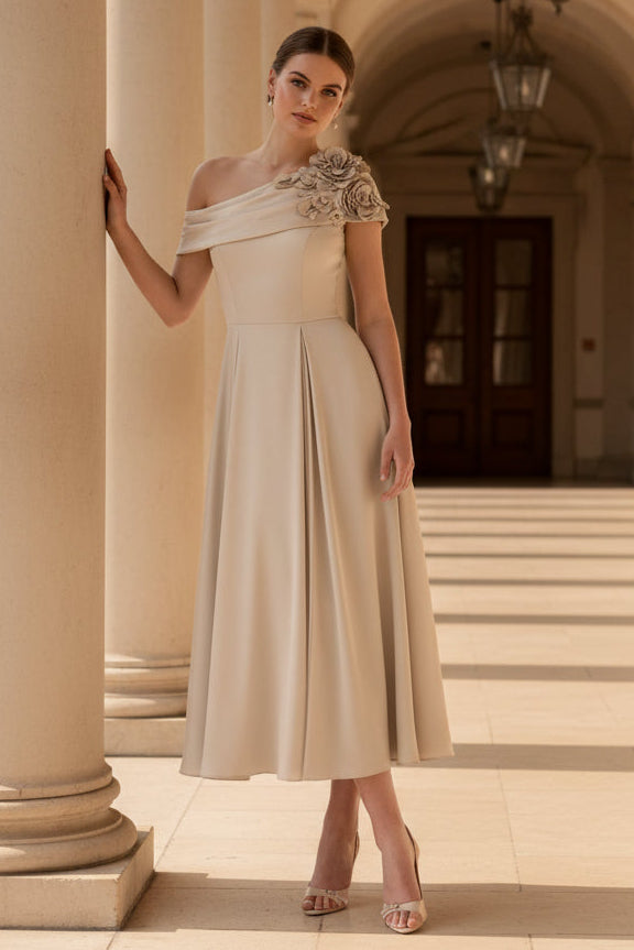Elegantes One-Shoulder A-Linien Midikleid mit 3D-Blumen