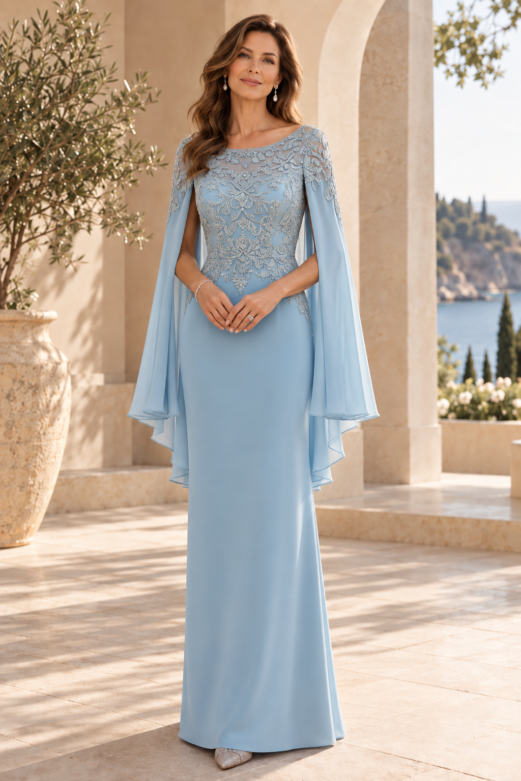 Embroidered Cape Sleeve Floor-Length Gown