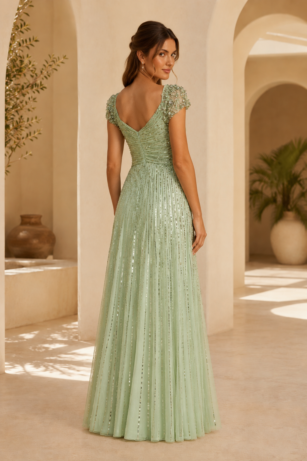 Pailletten-Abendkleid in A-Linie mit perlenbesetzten Flügelärmeln