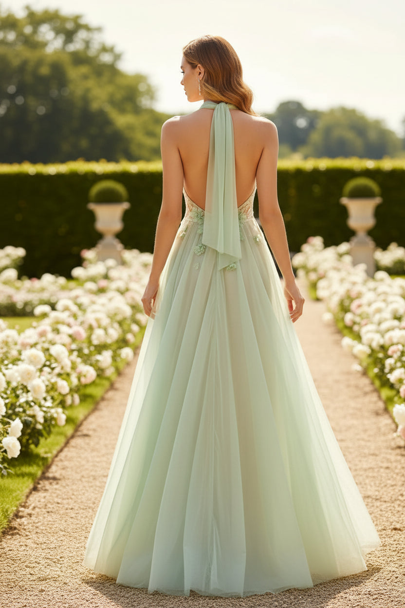 Romantisches 3D-Blumen A-Linien Tüll-Abendkleid