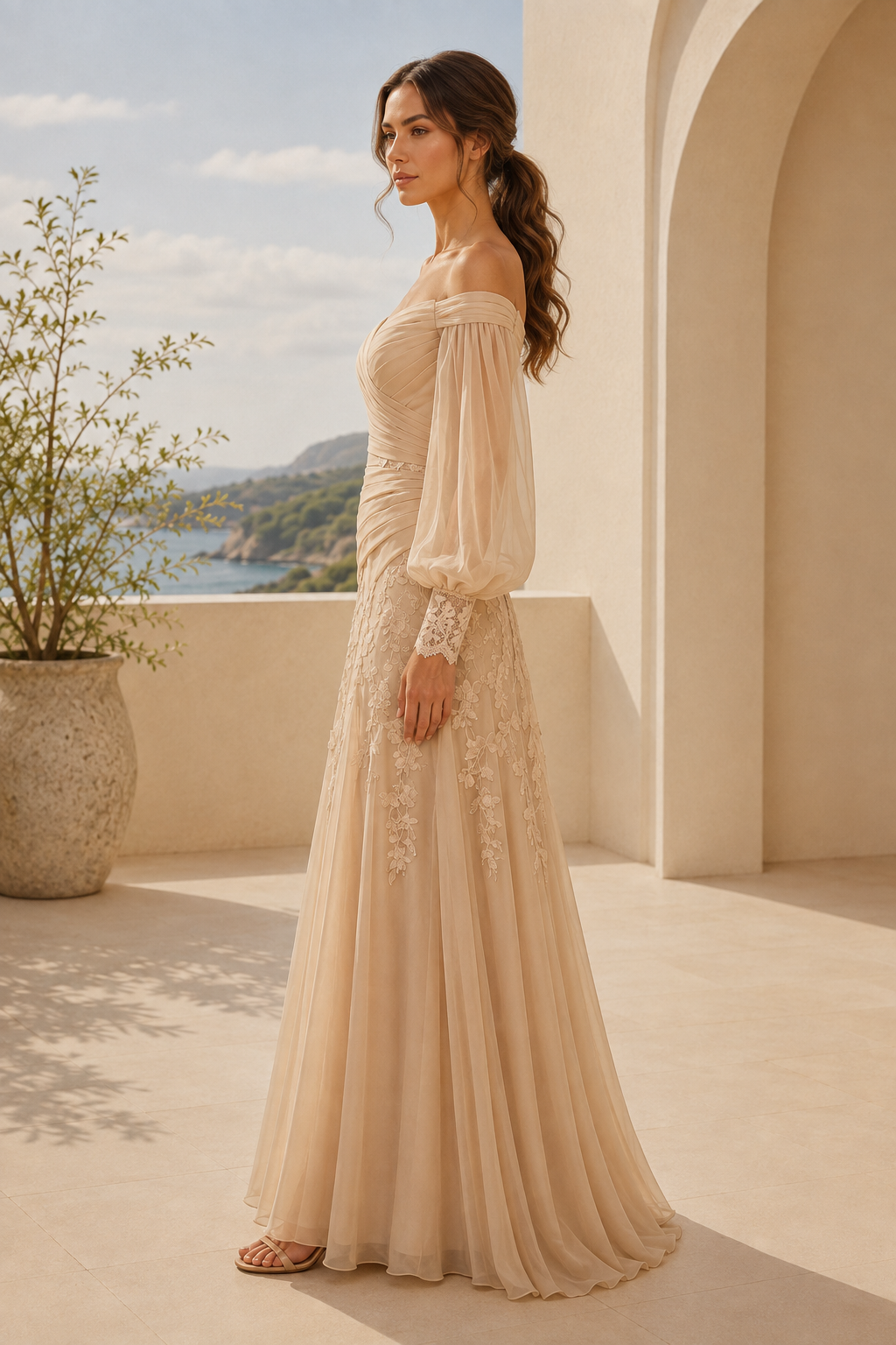 Carmen-Kleid mit Raffungen und Bischofsärmeln
