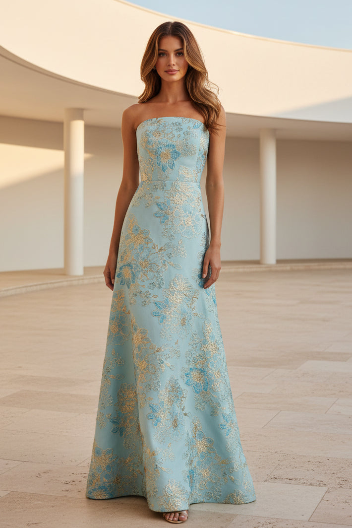 Trägerloses A-Linien-Kleid aus geblümtem Jacquard