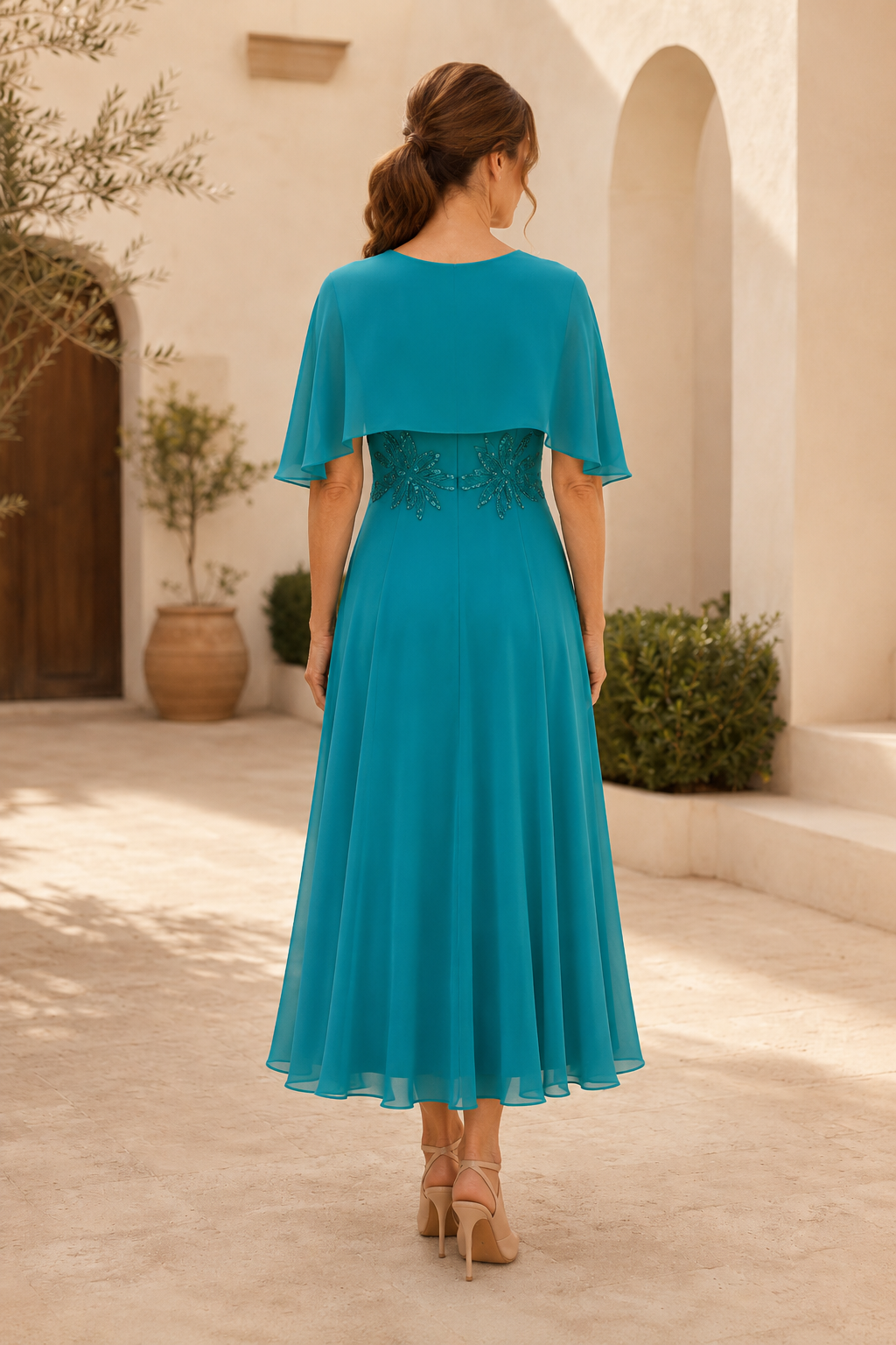 A-Linien Chiffon-Cape Midikleid mit Perlenverzierung an der Taille