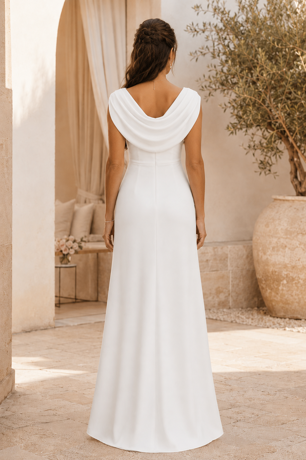 Abendkleid mit Wasserfallausschnitt und Raffungen, bodenlang