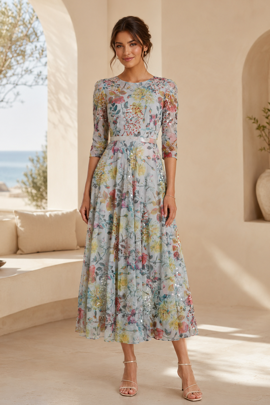 Blumiges Pailletten-Midikleid mit 3/4-Ärmeln