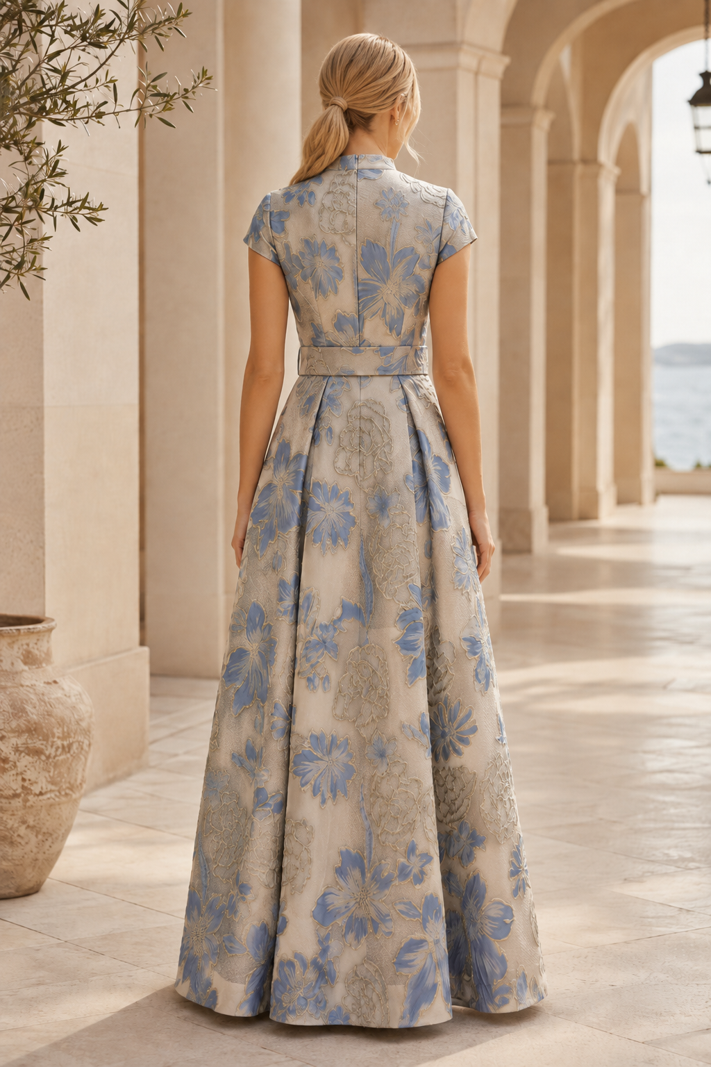 Geblümtes Jacquard A-Linien-Kleid mit Gürtel
