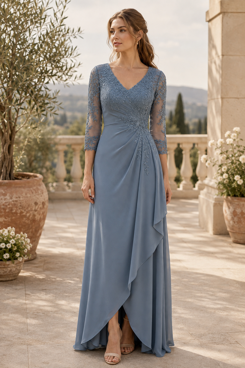 Maxikleid mit Spitzenoberteil, 3/4-Ärmeln und Drapierungen