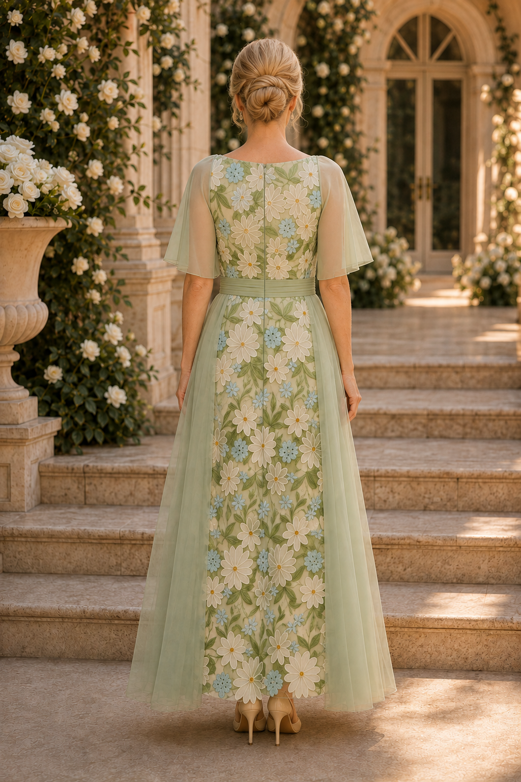 Geblümtes, besticktes A-Linien-Kleid mit Flatterärmeln