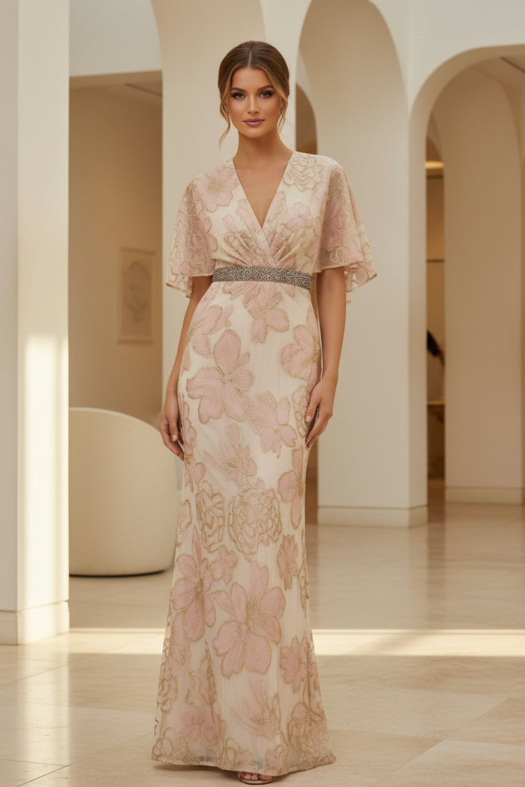 Abendkleid mit Blumenspitze, flatternden Ärmeln und V-Ausschnitt