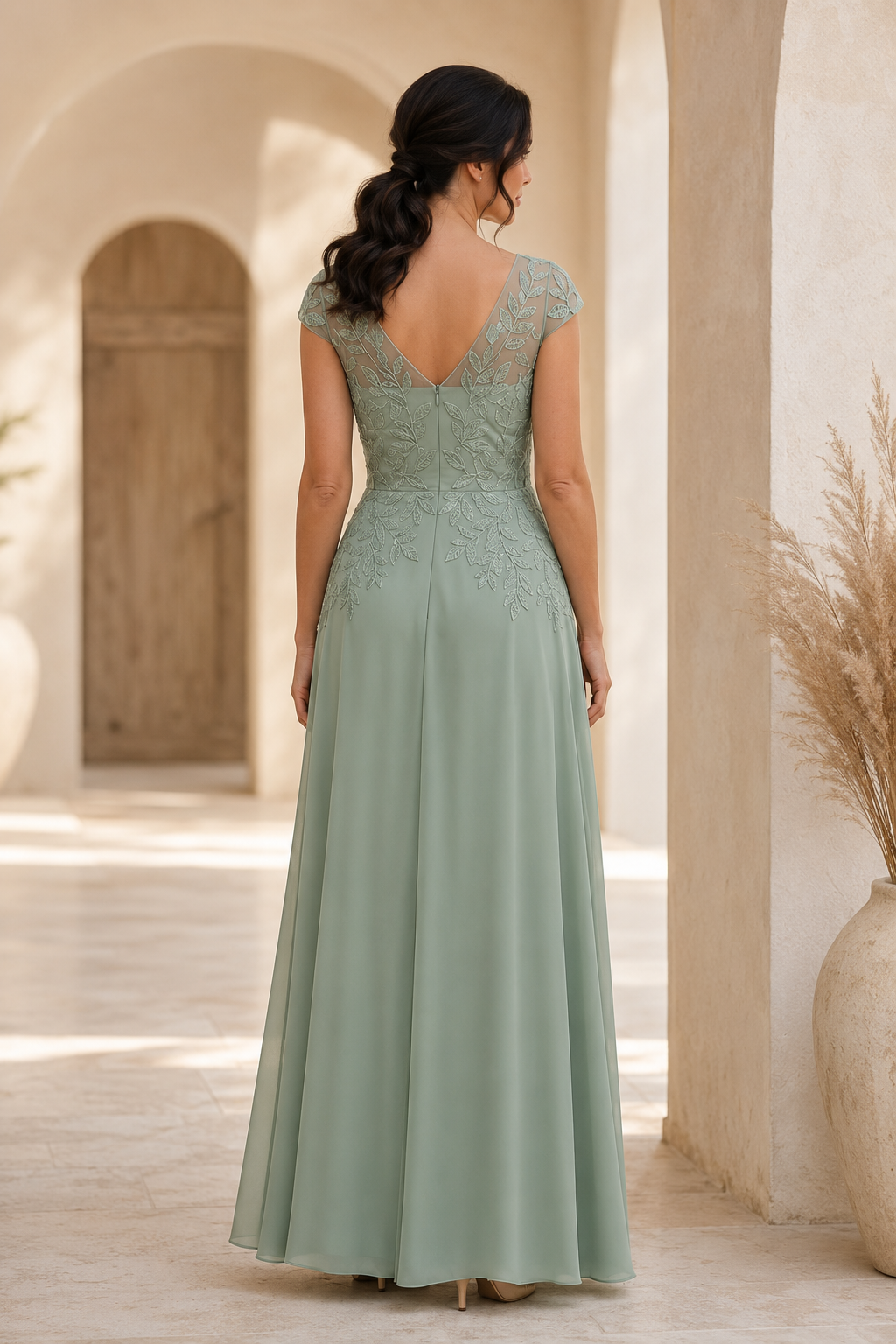 A-Linien-Kleid mit Illusionsausschnitt und Blattspitzenapplikationen