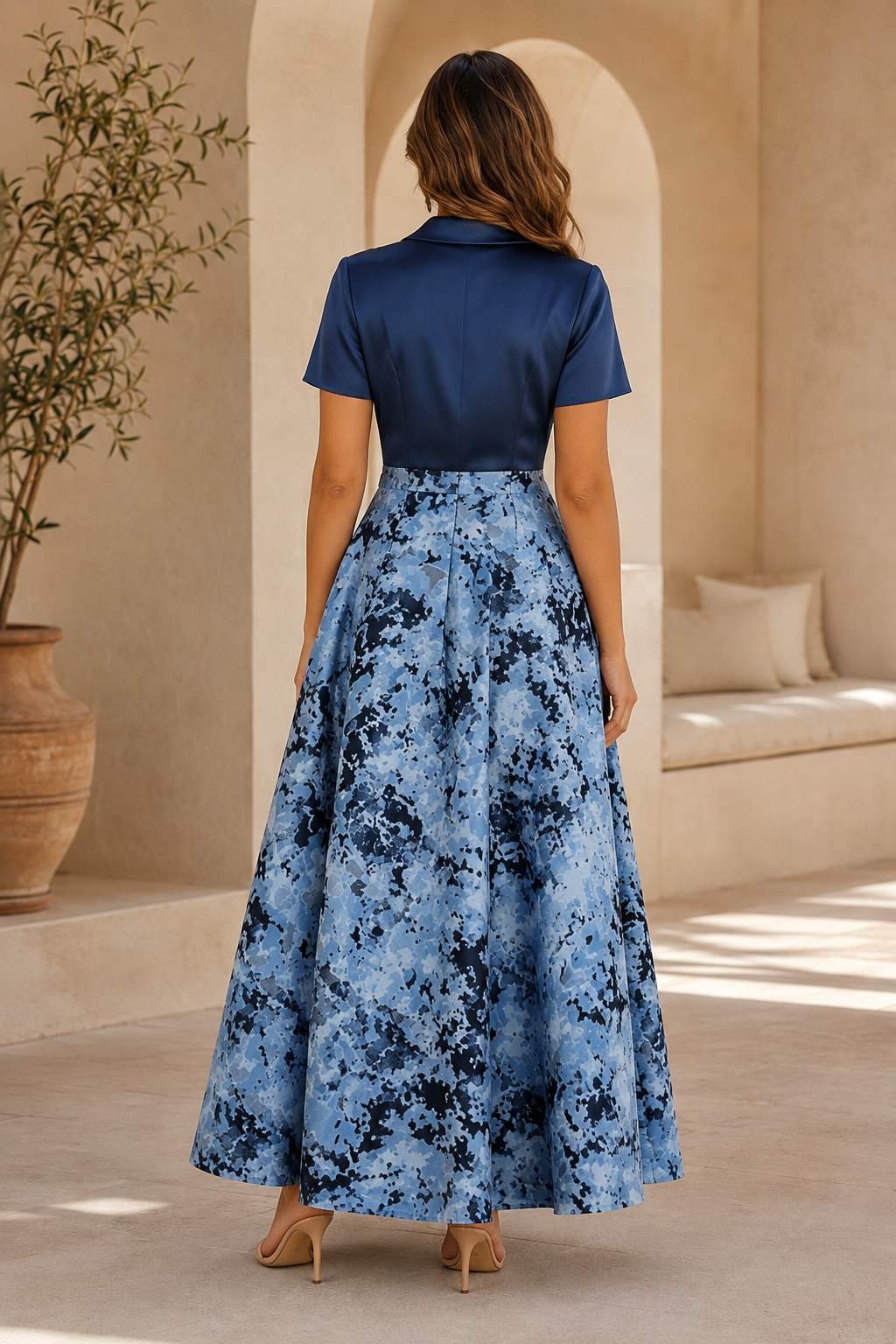 Elegantes A-Linien Jacquard Maxikleid mit kurzen Ärmeln