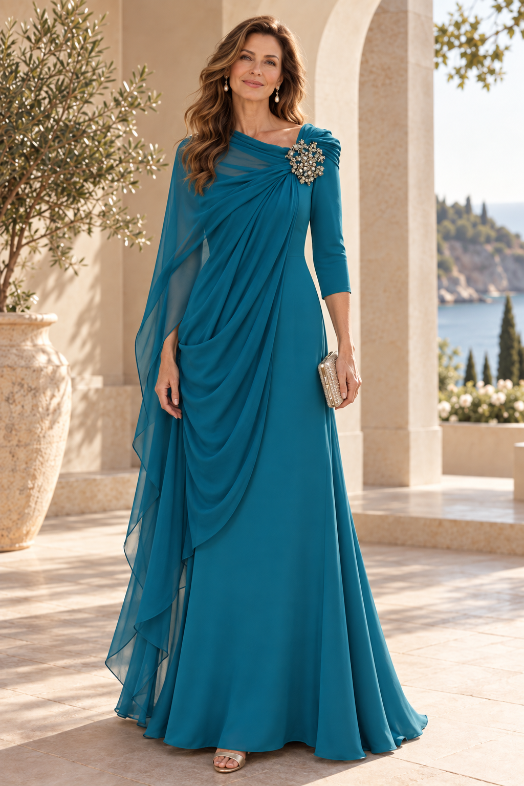 Draped Chiffon Gown with Brooch Accent