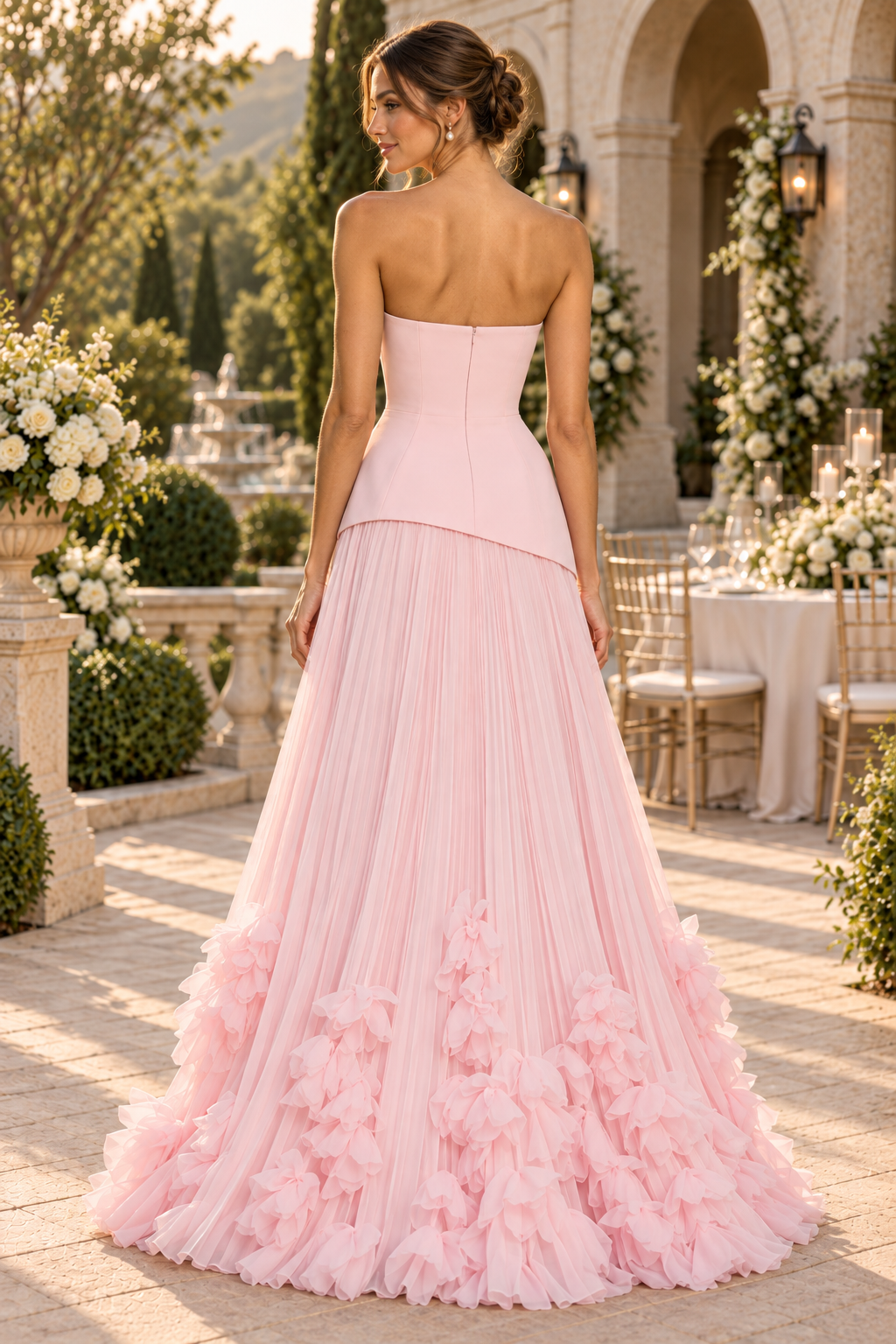 Strapless Pleated A-Line Gown with 3D Florals