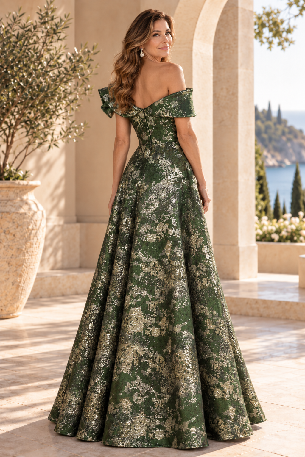Metallic Jacquard Asymmetric A-Line Evening Gown