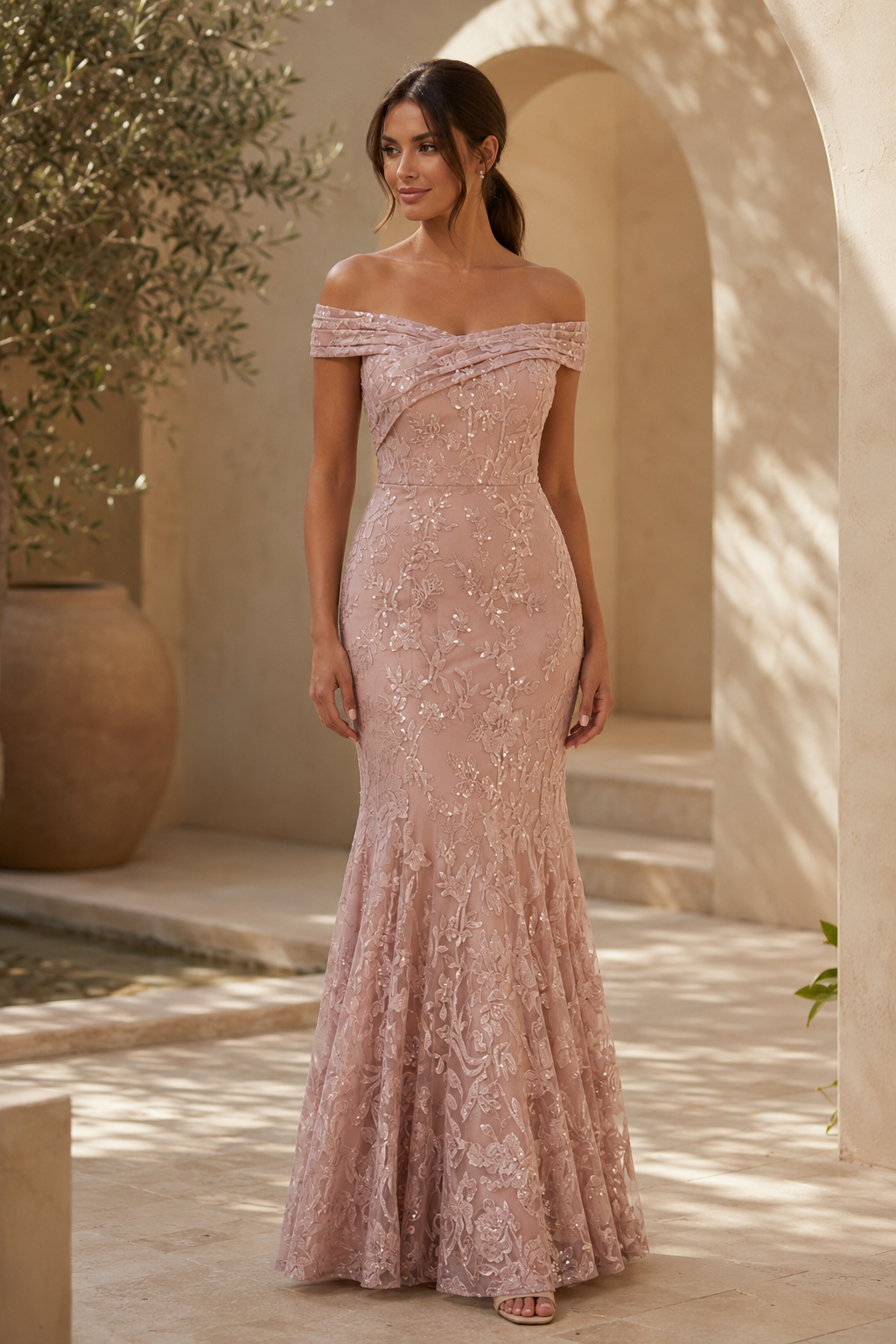 Schulterfreies Meerjungfrauen-Abendkleid aus Spitze