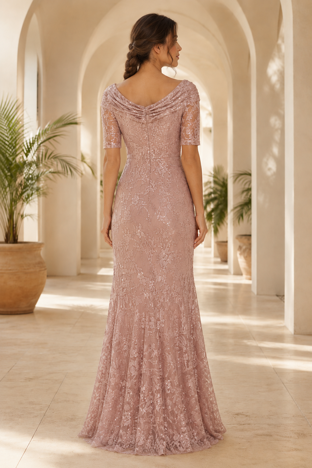 Abendkleid mit Wasserfallkragen und Meerjungfrauen-Spitze