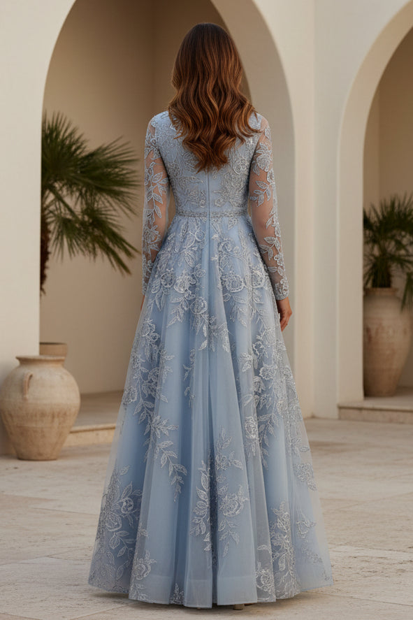 Besticktes Langarm-Abendkleid in A-Linie