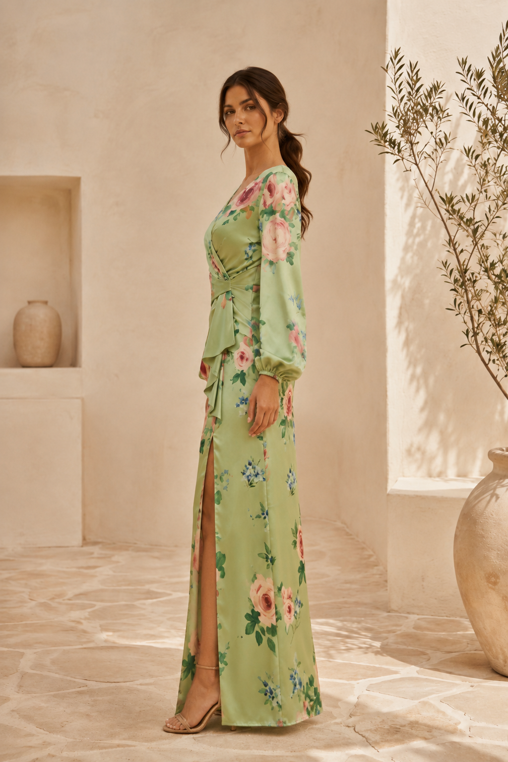 Florales Satin-Maxikleid mit langen Ärmeln und Schlitz