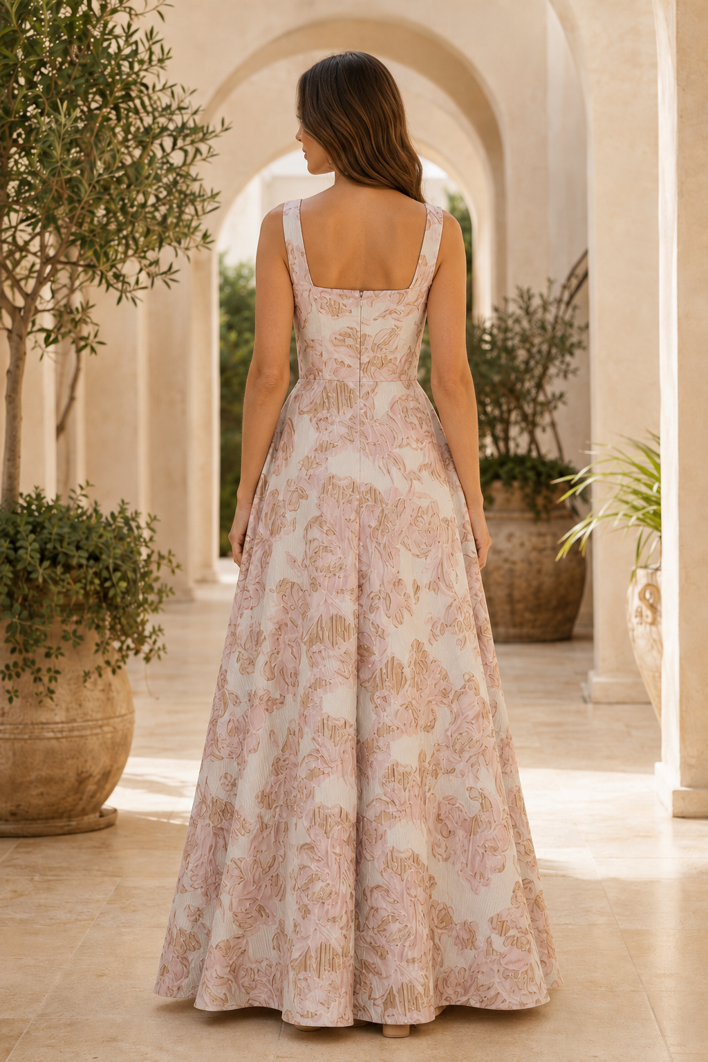 Geblümtes Jacquard A-Linien-Kleid mit eckigem Ausschnitt und Rüschenrock