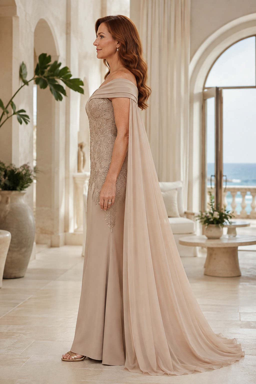 Schulterfreies Spitzen-Etui-Kleid mit fließenden Cape-Ärmeln
