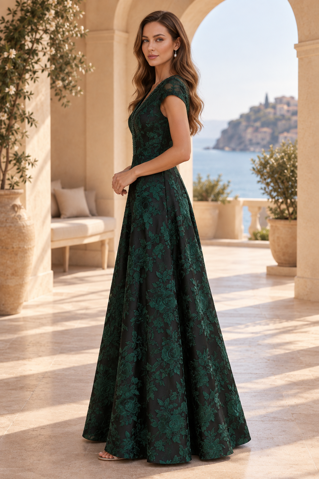 Floral Jacquard A-Line Gown with Cap Sleeves