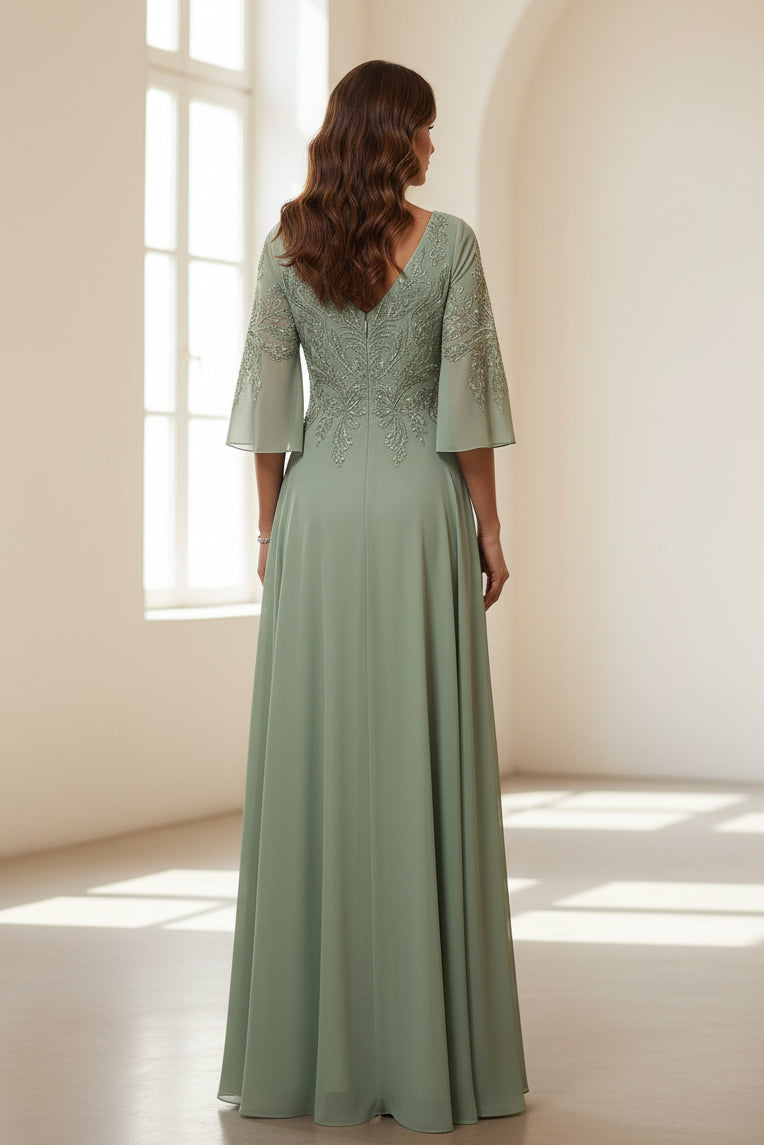Besticktes V-Ausschnitt Chiffon Abendkleid