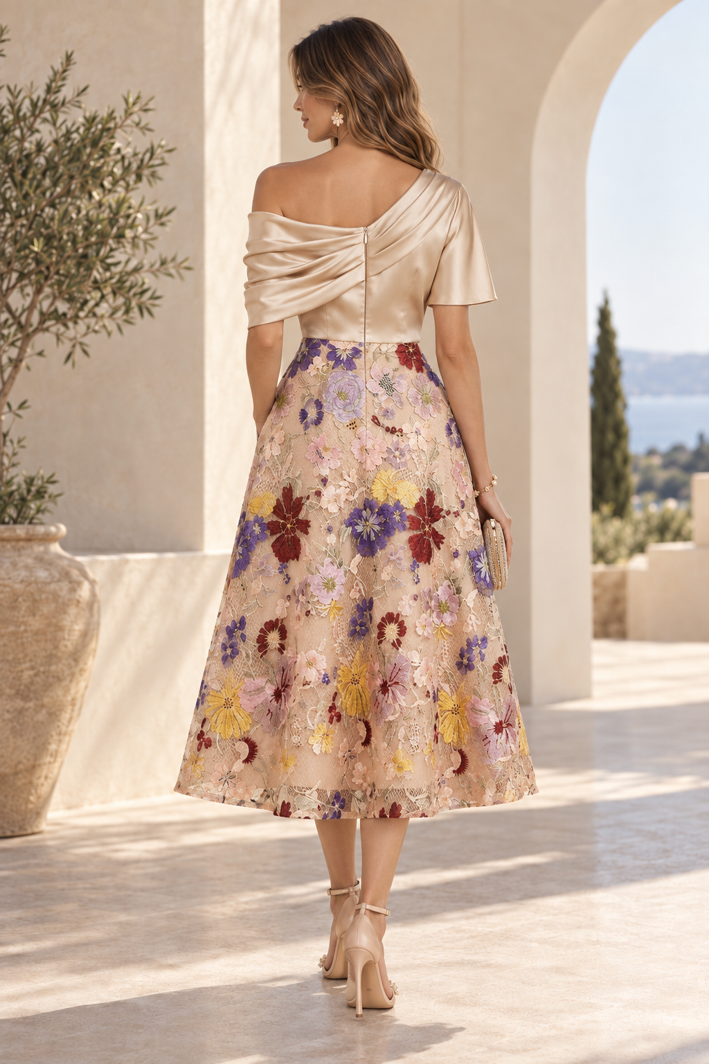 Floral Embroidered Satin Midi Dress with Pockets