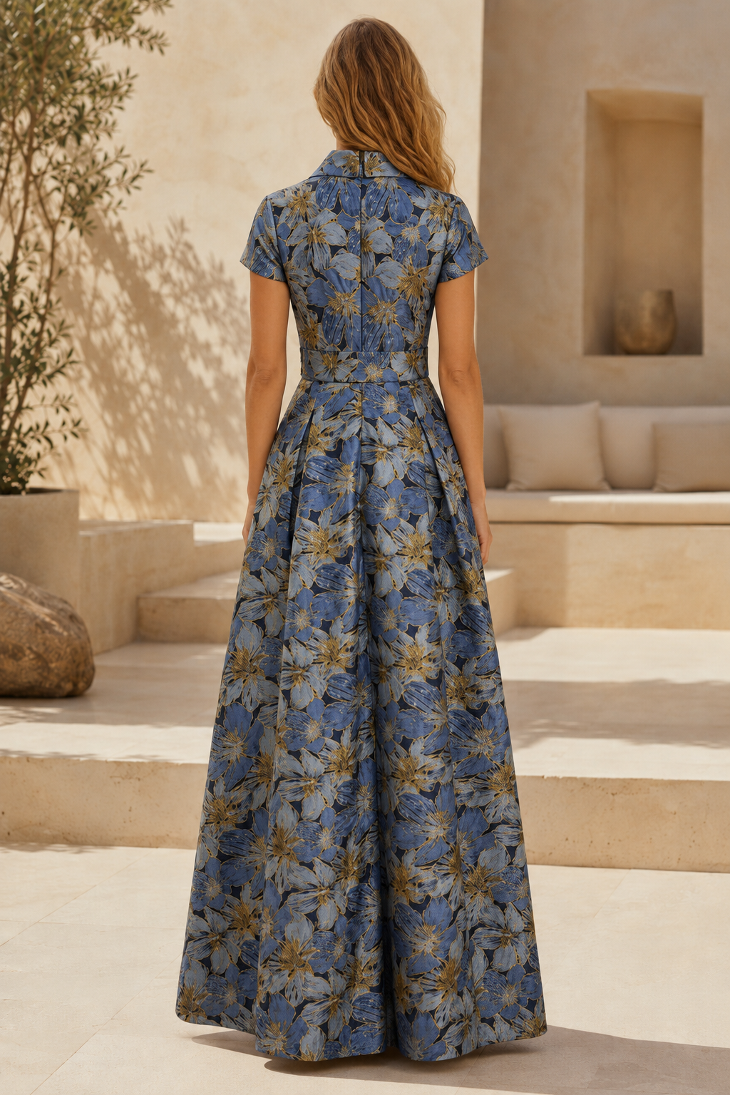 Geblümtes Maxikleid mit Kragen, kurzen Ärmeln und Taschen