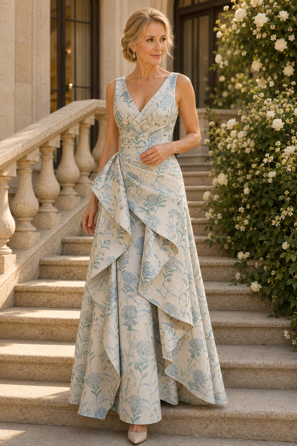 Geblümtes Jacquard-Kleid mit V-Ausschnitt und seitlicher Raffung
