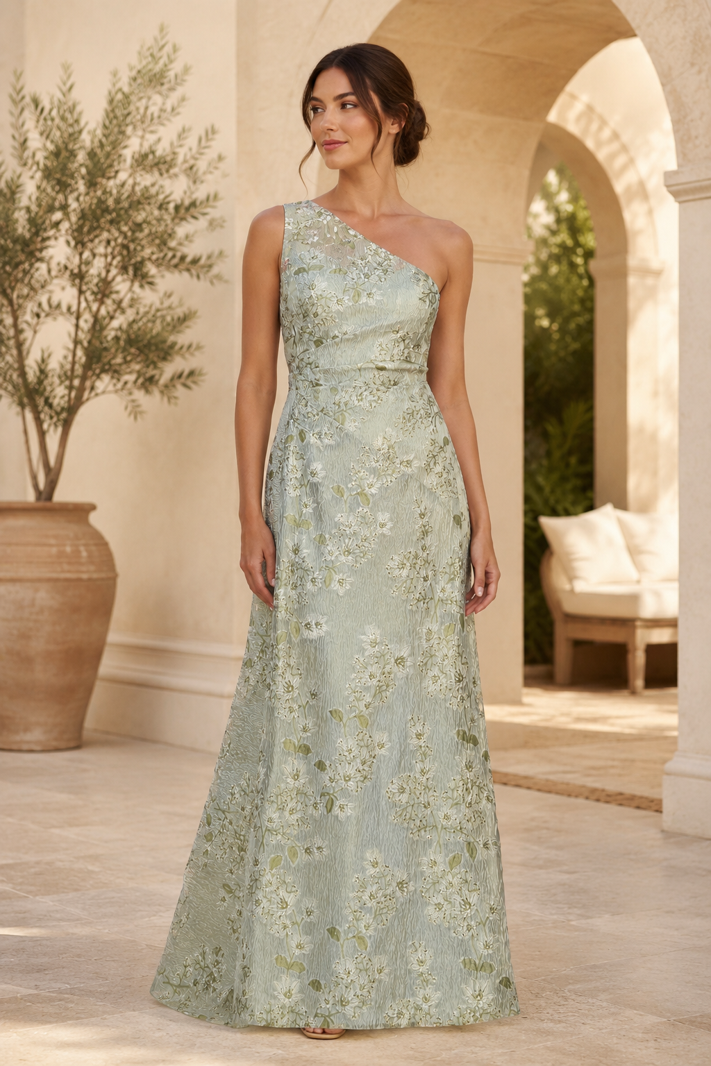 Ärmelloses Abendkleid mit Blumen-Jacquard und A-Linie