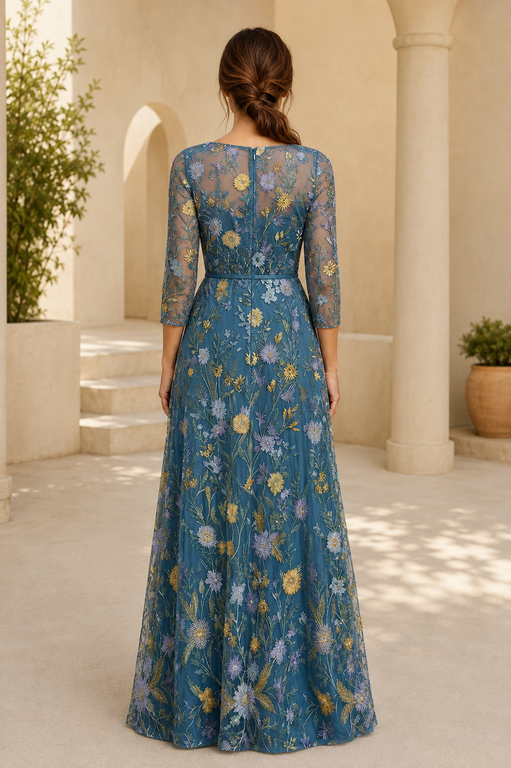 Abendkleid mit floraler Stickerei, Illusionsärmeln und A-Linie