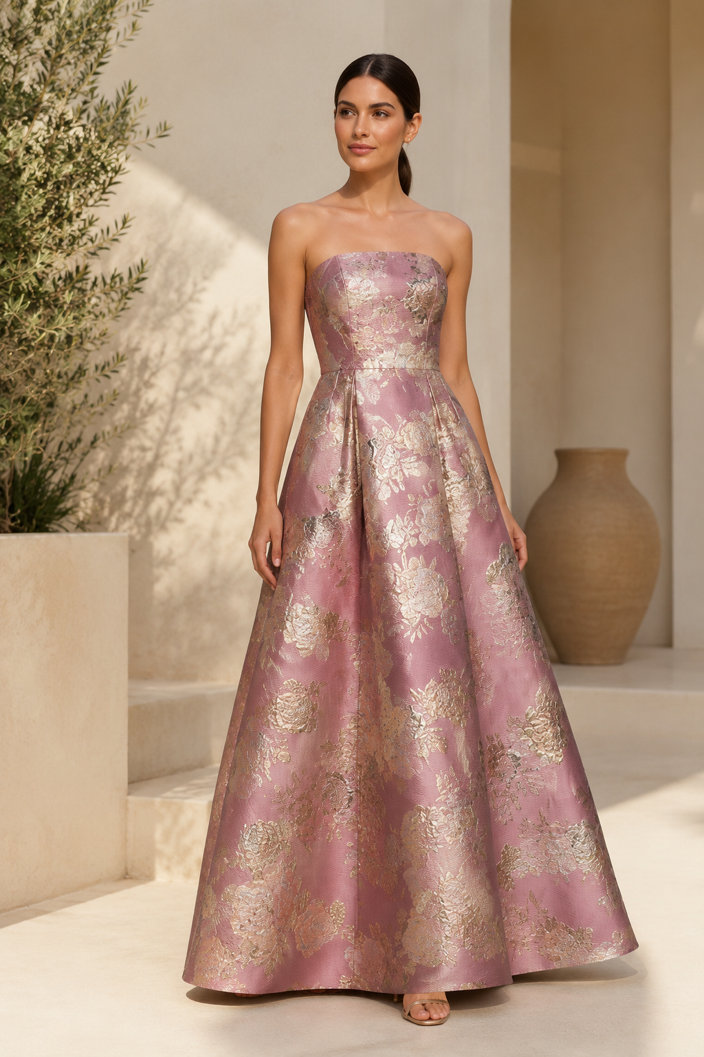Trägerloses Abendkleid aus floralem Jacquard in A-Linie