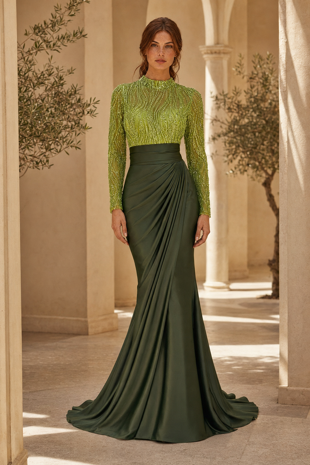 Meerjungfrauenkleid mit hohem Ausschnitt und Perlenstickerei